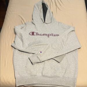 Champion Light Gray Men's Hoodie with Maroon Logo